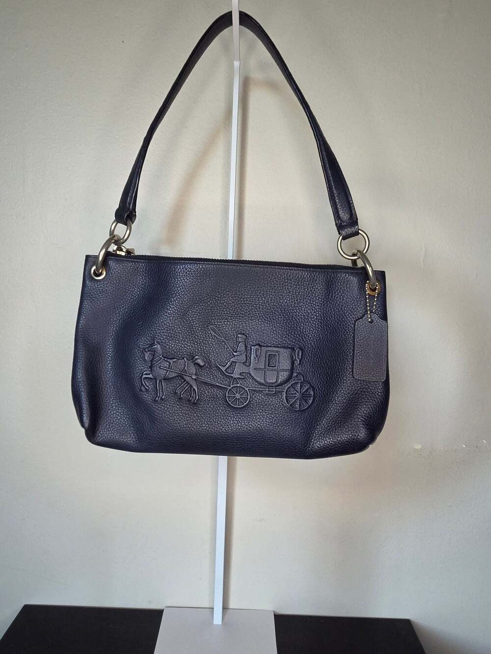 Coach Navy Pebbled Leather Shoulder Bag with Horse and Carriage Embossing